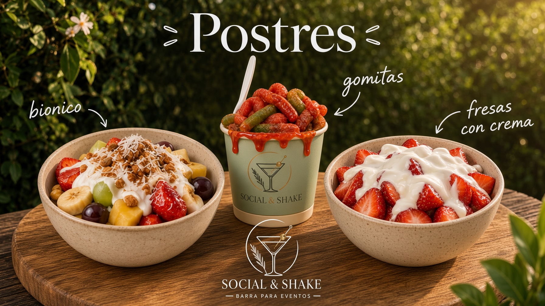 Postres: bionico, gomitas y fresas con crema